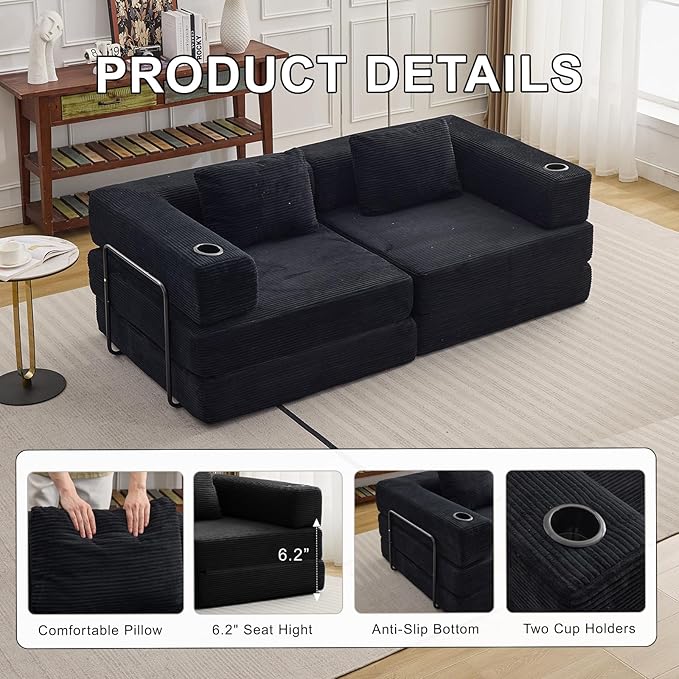 78" Loveseat Sleeper Sofa, 4 in 1 Convertible Floor Sofa Bed, Boneless Cloud Couch with Cup Holder, Fold Out Floor Couch for Living Room Bedroom Lounge, Corduroy, Black