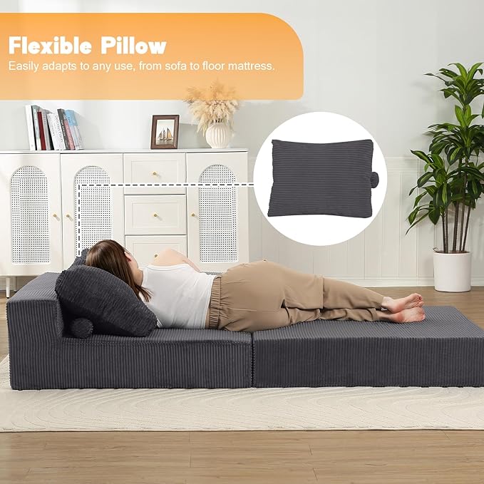 MeMoreCool Folding Sofa Bed L‑Shaped Convertible Sleeper Sofa with Armrest Dark Grey – Fold‑Out Chair Bed for Living Room & Bedroom, Dual‑Section Configurable Foam Seating, Durable Lounge