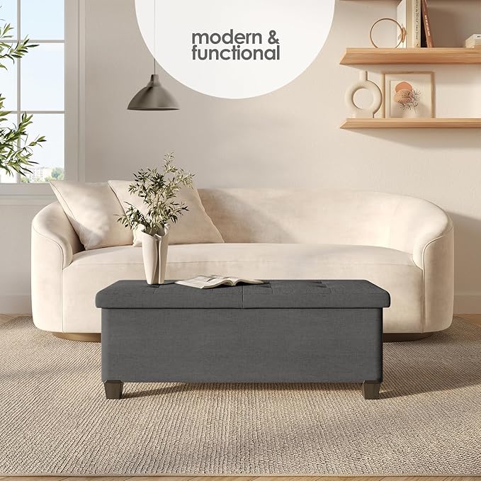 Storage Ottoman Bench with Bins, 43-in Storage Bench for Bedroom End of Bed, Folding Foot Rest Ottoman for Living Room Max 660lbs, Fabric Ottomans, Grey