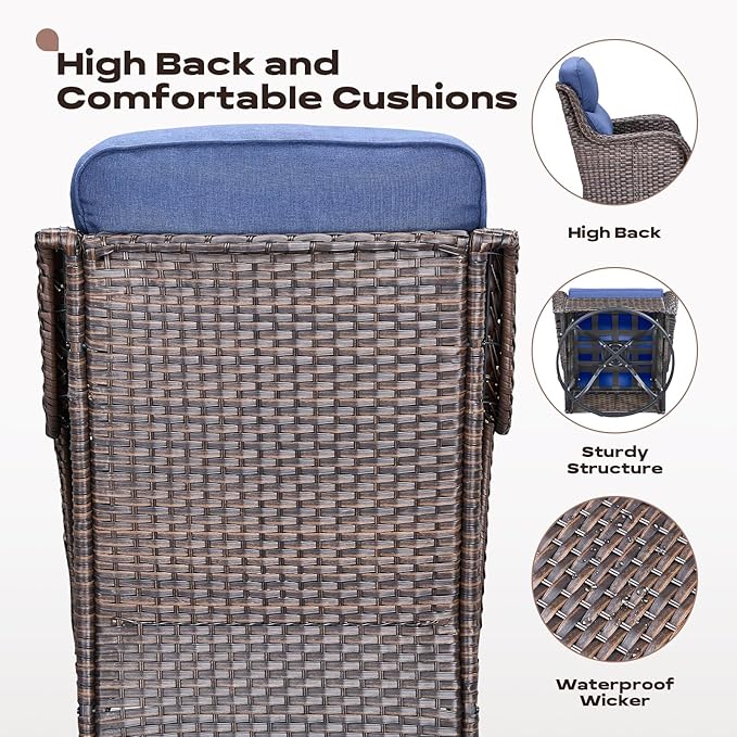 Rilyson Outdoor Patio Furniture Set - Weather Resistant Wicker,High Back,6 inch Cushions,3 Piece Patio Bistro Set with Swivel Rocker Chairs and Side Table for Deck Porch Yard,Brown/Blue