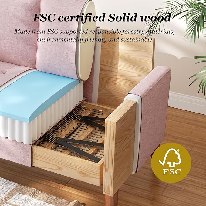 Loveseat Sofa with Solid Wood Legs, 48" Small Couches for Small Spaces, Love Seat for Living Room, Bedroom, Easy Assembly Mid Century Modern Couch with Throw Pillow for Apartment, Pink