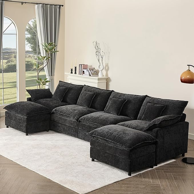 GOSUHI 142.5" U Shaped Couch, Modular Sectional Sofa, 3-Seater Comfy Cloud Couch with Movable Ottoman, Deep Seat Couches for Living Room, Chenille, Black