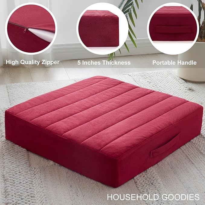JKMAX 22 inches Floor Pillow for Adults - Large Meditation Cushion with Thick Foam & Soft Tufted Cover - Premium Outdoor Square Floor Cushion Seat - Yoga Pillows for Sitting On Floor - Burgundy
