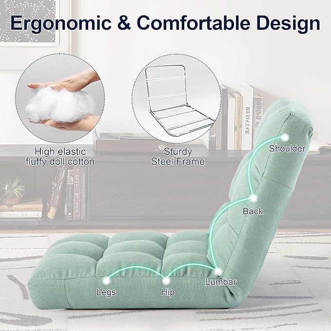 HOMYEDAMIC Folding Floor Chair with Back Support, Adjust Lay Flat Recliner Oversized Lounge Wide Lazy Boy Gaming Ergonomic Single Sofa Seat for Living Room Bedroom(Green)
