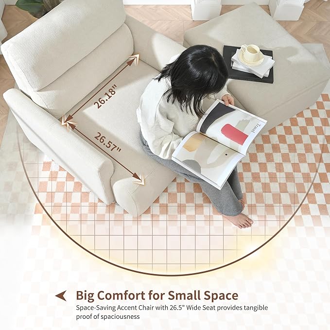 Snowflake Fleece Oversized Accent Chair with Storage Ottoman - 26.57" Wide Deep Seat Reading Chair, Convertible Daybed, 400lbs Capacity for Living Room & Apartment (Beige)