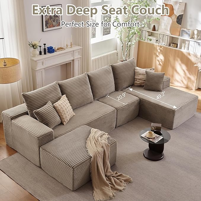 Lakifun 135" U-Shape Cloud Couch, Modern Modular Sectional Comfy L-Shape Sofa with Ottoman, Deep Seat, Upholstered Corduroy Sleeper Chaise Longue for Living Room Bedroom, No Assembly Required, Camel