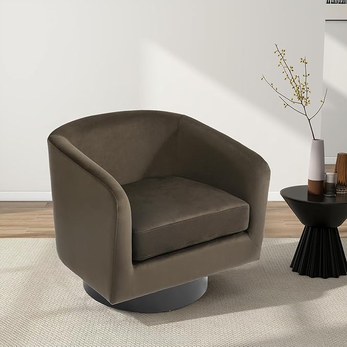 Swivel Barrel Chair, Modern Round PU Leather Accent Armchair for Living Room, Bedroom, Oversized Comfy Club Reading Chairs for Adults (Velvet Coffee, Set of 1)