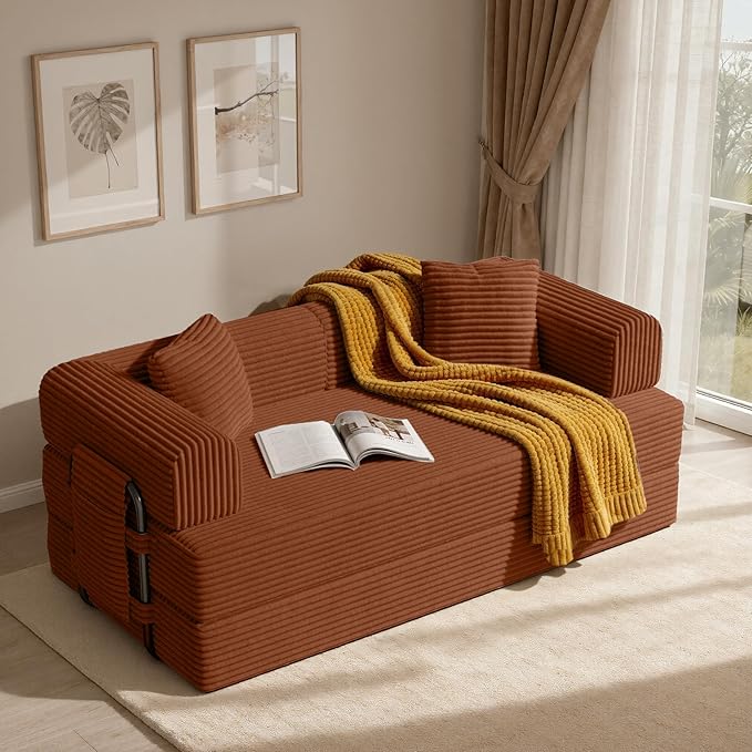 Convertible Corduroy Sleeper Sofa Bed with Cylindrical Pillow, Folding Mattress Couch with Fixed-Shape Frame, Floor Sofa Lounge Couch for Living Room Bedroom Lounge Studio, Red Brown