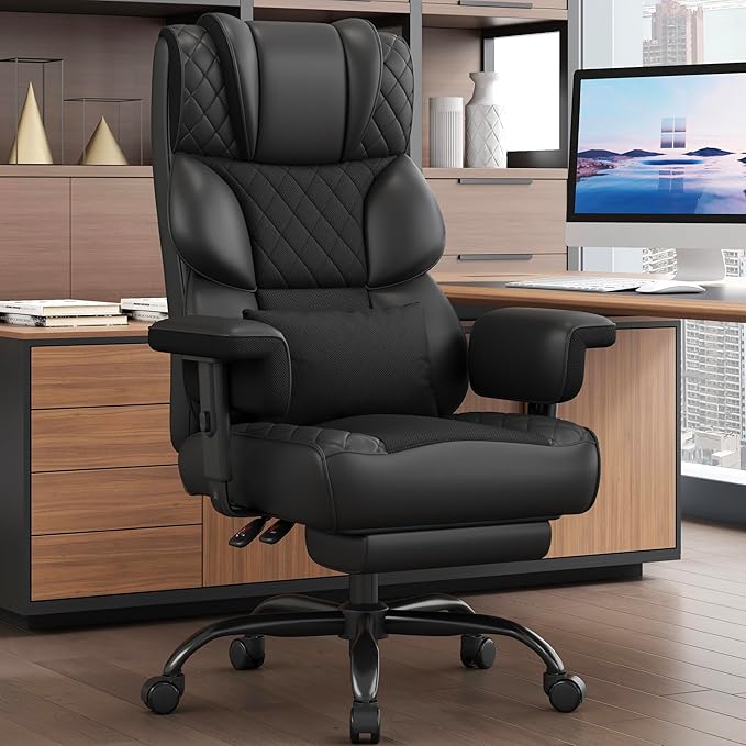 Vonesse Big and Tall Office Chair, Computer Chair with Soft Adjustable Armrests, Ergonomic High Back Gaming Chair with Lumbar Support, Executive Chairs with Footrest (PU Leather + Mesh Fabric,Black)
