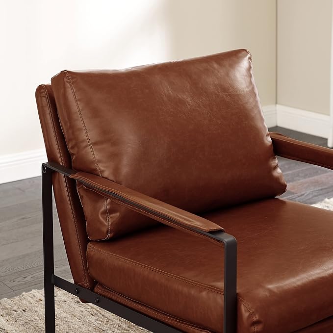 Zouron Mid Century Modern Accent Chair with Black Metal Frame, Upholstered Living Room Chairs with Pillow, Reading Armchair for Bedroom, Office, 1 Pcs, Red Brown