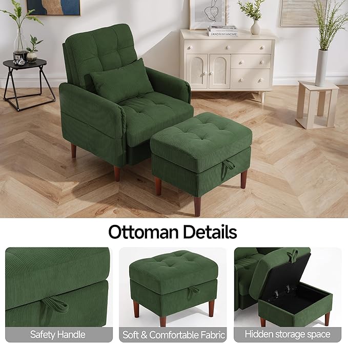 Lumibee Accent Chair with Storage Ottoman, Upholstered Comfy Reading Chair with Adjustable Reclining Backrest, Corduroy Fabric Lounge Chair Armchair for Living Room Bedroom, Green