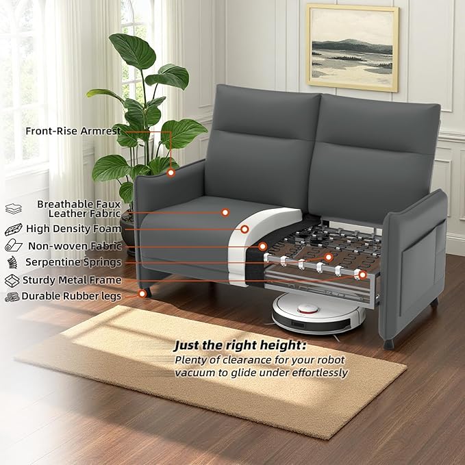 3-Piece Living Room Sofa Set, Faux Leather Loveseat & Accent Chairs Set of 2 with Hidden Foldable Tray & Side Pocket, Front Contour Arm Design, Upholstered Sofa Set for Office, Gray