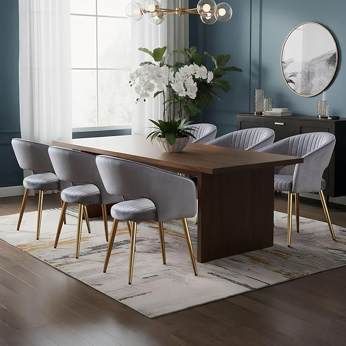 COMULER Grey Velvet Dining Chairs Gold Legs, Modern Dining Room Chairs with Arms Set of 4 Upholstered Accent Chair Armchair with Barrel Back for Kitchen Living Room