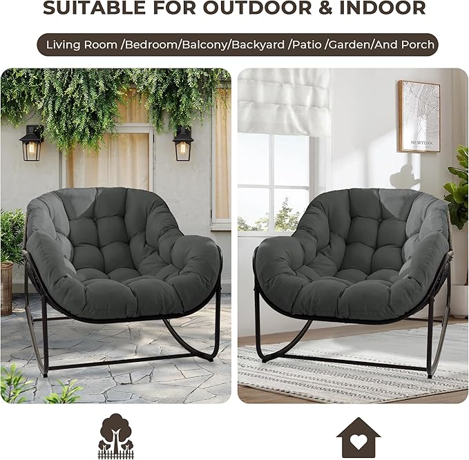 Sgentle Papasan Rocking Chair Outdoor, Oversized Patio Rocking Chair with Cushions & Steel Frame, Wicker Egg Lounge Chair Indoor, Comfy Reading Chair for Patio, Deck, Porch (Grey, Style 1)