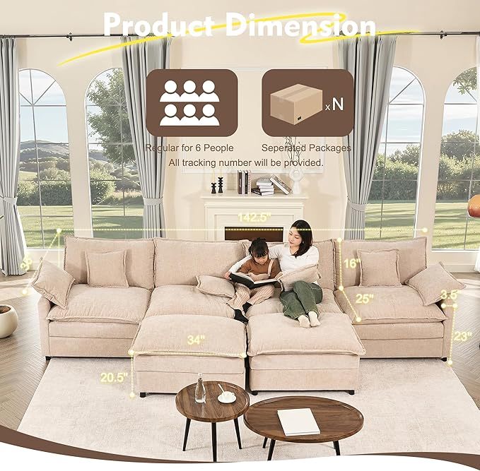 GOSUHI 142.5" U Shaped Couch, Modular Sectional Sofa, 3-Seater Comfy Cloud Couch with Movable Ottoman, Deep Seat Couches for Living Room, Chenille, Flat White