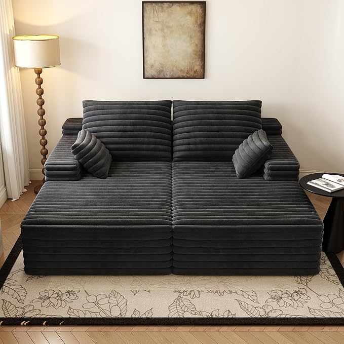 80” Oversized Double Lounge Chaise,Cloud Plush Sofa Bed,Upholstered Boneless Cloud Sofa Deep Seat,No Assembly Required,Modern Corduroy Sleeper Loveseat Chair for Living Room Bedroom Reading,Black
