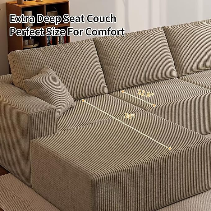 139" Boneless Cloud Sectional Sofa, Modular L-Shaped Couch with Deep Seat, No Assembly Required, Frameless Corduroy Sofa, 4-Seater with Left-Facing Chaise, Grey