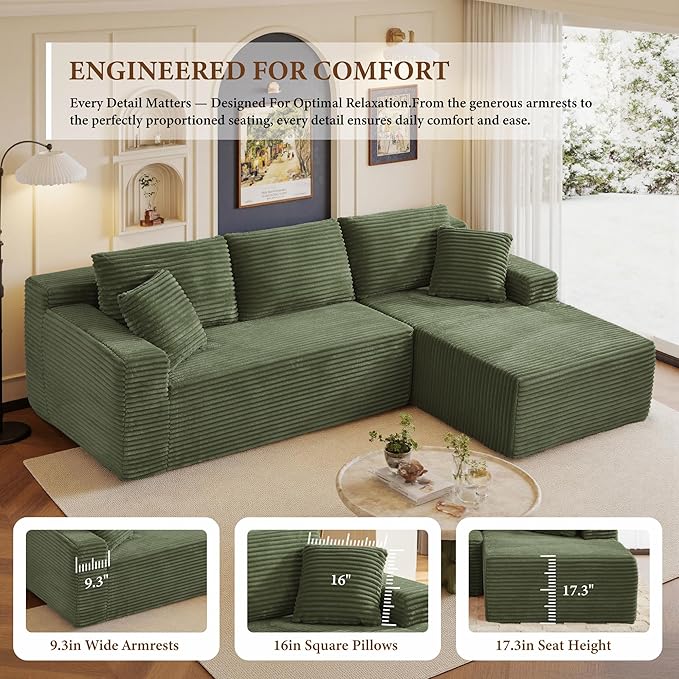 105" Sectional Couches for Living Room Cloud Couch Sofa with L-Shape Upholstered Boneless Couchs Modern Modular Sectional Couch with Chaise (Green, 105" W+Right Facing Chaise+2Seaters)
