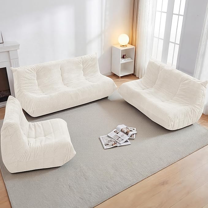 Bean Bag Chair,Giant Beanbag Chairs for Adults,Comfy Large Fireside Chair Lazy Sofa,Corduroy Bean Bag Lounger with Memory Foam Filled,Floor Sofa Couch for Home,Living Room (Beige, Loveseat)