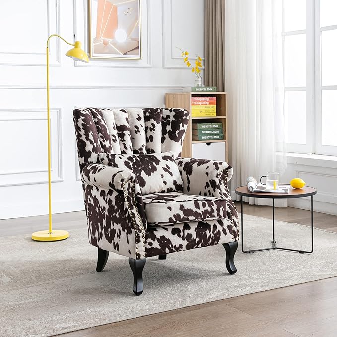 LZAREAL Accent Reading Arm Chairs Set of 2 for Living Room Bedroom, Midcentury Modern Comfy Corner Sofa Chair, Wingback Waiting Room Club Chair with Button Tufted Back &Lumbar Pillow, Fabric Cow