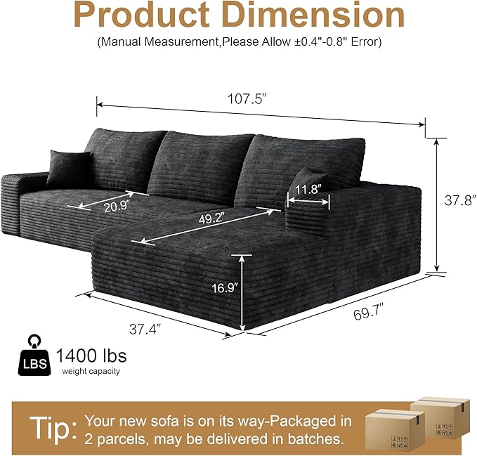 AUGOP 108" Sectional Couches for Living Room Modern Modular Sofa with L-Shape Couchs Upholstered Boneless Couch Deep Seat Sectional Couch with Chaise (Black, Right Facing Chaise+2Seaters)