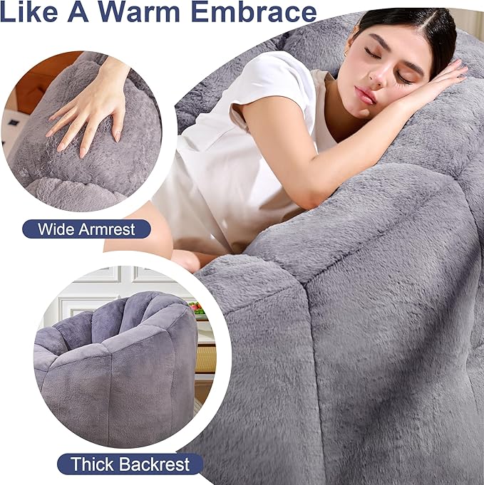 Pumpkin Shaped Bean Bag Chair with Ottoman, Gaint Bean Bag Chair for Adults, Faux Rabbit Fur Comfy BeanBag Floor Sofa Chair for Reading, Playing, Relaxing, Gray