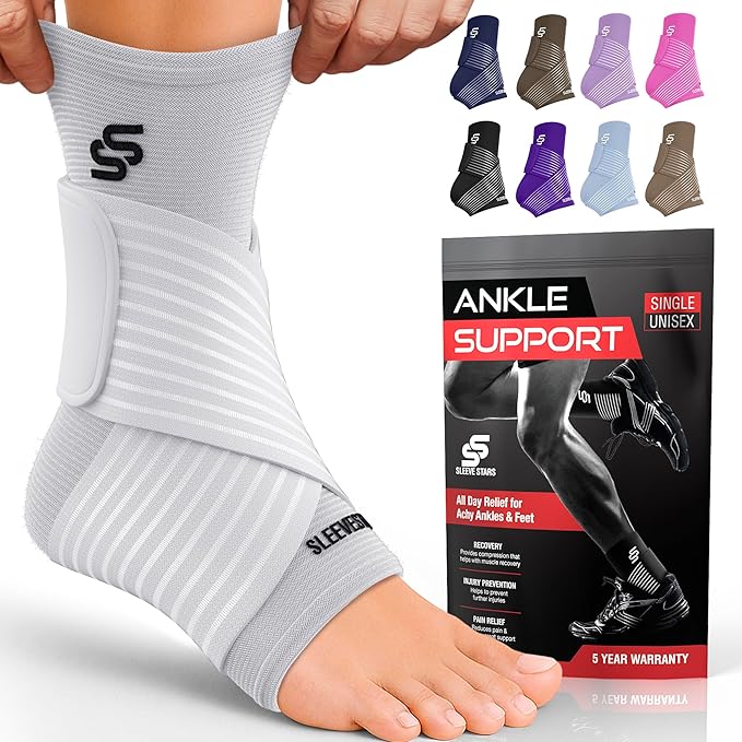 Sleeve Stars Ankle Brace for Women & Men, Ankle Wrap for Sprained Ankle, Compression Sleeve for Plantar Fasciitis Relief, Easy Customizable Support: w/Removable Strap (Single/M:10"-12"/White)