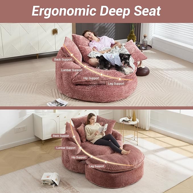 54" Oversized Round Chaise Lounge Indoor Boneless Bean Bag Chair with Movable Ottoman Fluffy Comfy Reading Chair Large Circle Cloud Couch Sleeper Sofa Bed for Living Room, Bedroom, Apartment, Pink