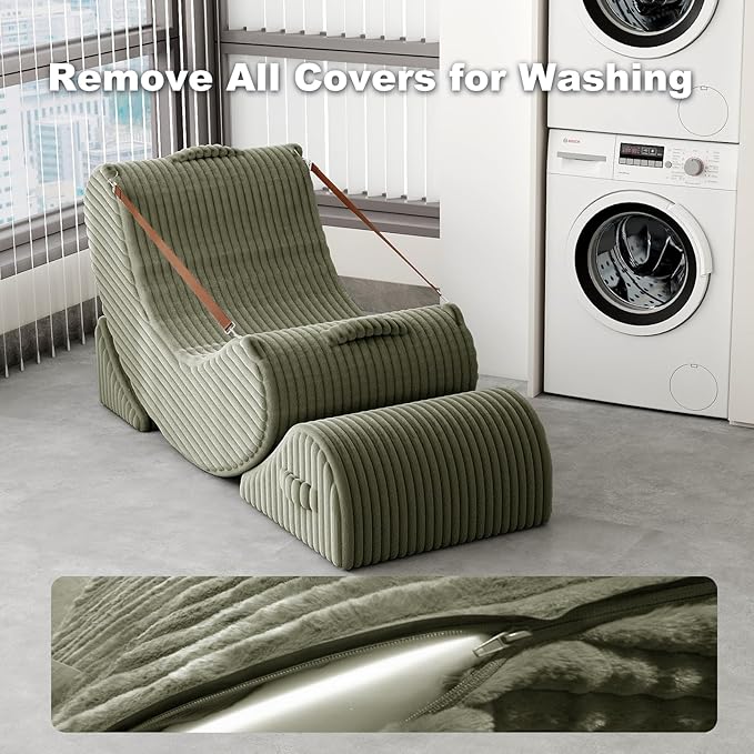 Gaint Bean Bag Chairs for Adults, Beanbag Lounge Filled with Memory Foam, Adjustable Angle, Corduroy Fabric, with Detachable Footrest for Bedroom, Living Room and Nursery(Olive Green)