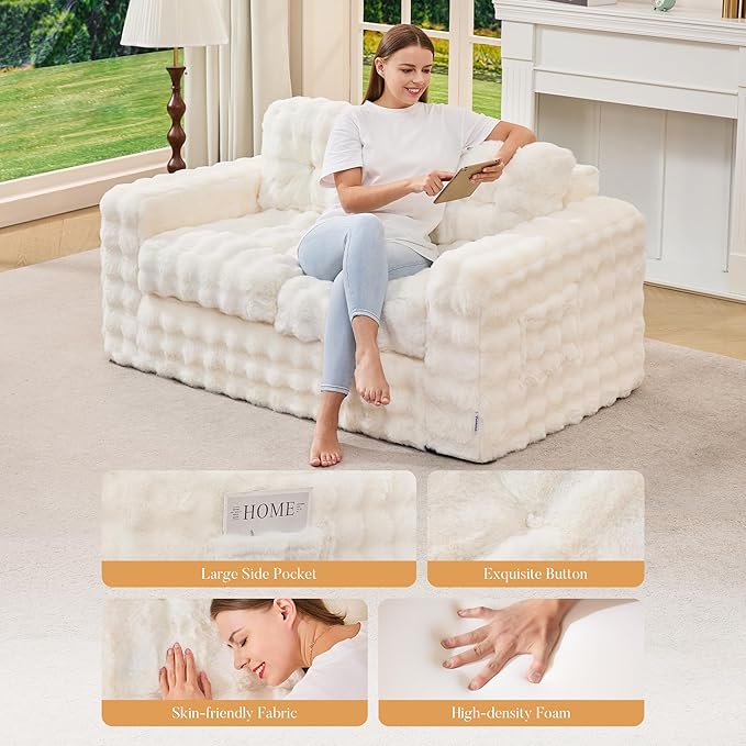 Hobestluk Sofa Couch Loveseat Sofa with Bubble Fabric 2-Seater Sofa for Small Spaces Comfortable Foam Floor Sofa 2 in 1 Boneless Couch for Living Room Bedroom Apartment or Office (White, Loveseat)