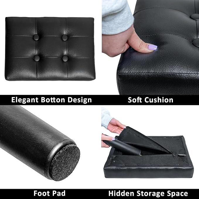 CAROLMADE Ottoman Foot Rest, PVC Small Ottoman Foot Stool with Legs Modern Footstool Ottomans for Living Room Entryway Office, Black