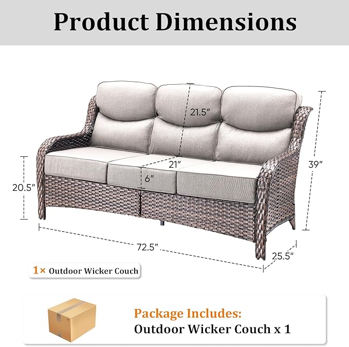 Pugire 71'' Patio Couch Outdoor Wicker Sofa, Heavy Duty All-Weather Rattan 3-Seater Sofa with Deep Seating and Removable Cover, Outdoor Patio Furniture for Deck Porch Sunroom Backyard Brown/Beige