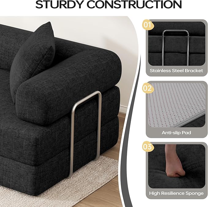 DURASPACE 117.6'' Convertible Folding Sofa Bed, Floor Sleeper Sofa Couch with Fixed-Shape Frame, Oversized Modular Sectional Couch for Living Room, No Assembly Required (Chenille Black)