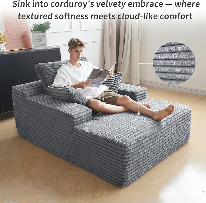 WJShome Oversized Chaise Lounge Chair Indoor, Plush Corduroy Boneless Sofa Bed, Cloud Reading Chair with Throw Pillow for Living Room (Gray)