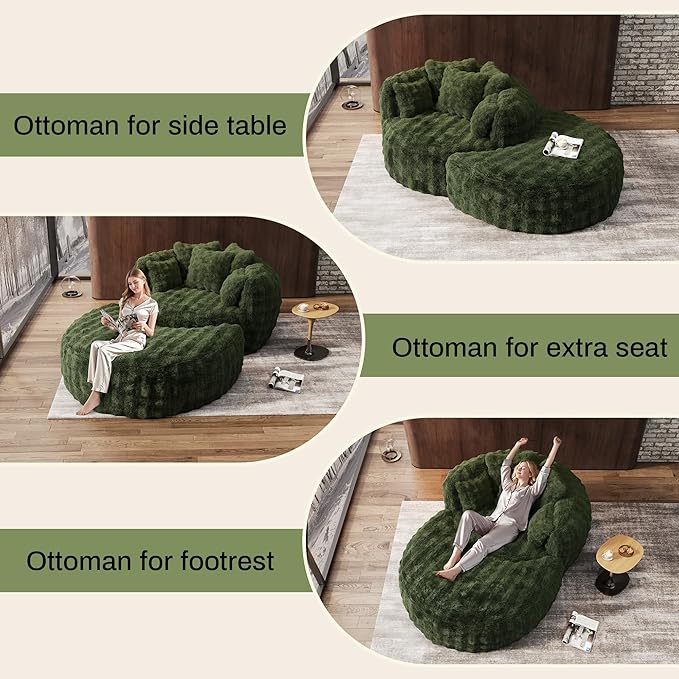 Oversized Chaise Lounge Chair Indoor with Ottoman 55" W x 75" L Round Reading Chair Plush Faux Fur Corduroy Cloud Circle Boneless Chair with 5 Pillows for Living Room - Green
