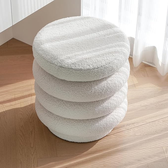 17.5'' Round Ottoman Foot Stool Fabric Storage Footrest Vanity Stool Chair, Modern Sherpa Upholstered Padded Seat with Lid for Living Room/Bedroom/Small Space/Make Up, Cream