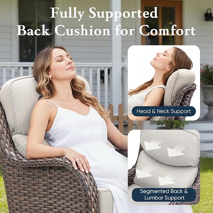 Belord Luxury 6" Thick Cushioned 10 Pieces Patio Furniture Set with Fire Pit Table, Wicker Outdoor Conversation Set with High Back Swivel Rocker Chairs for Deck Porch Yard and Poolside - Brown+Beige