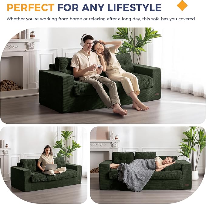 MAXYOYO 3-Seater Boneless Sofa Couch, Tufted Corded Sofa Lounge for Living Room, Comfy Bean Bag Chair High-Density Foam Couch with Pillows, No Assembly Required