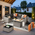ovios 9 Pieces Patio Furniture Set, Outdoor Wicker Sectional Sofa with 42" Fire Pit Table Swivel Chair, Modern Modular Deep Seat Rattan Couch Conversation Sets, Black