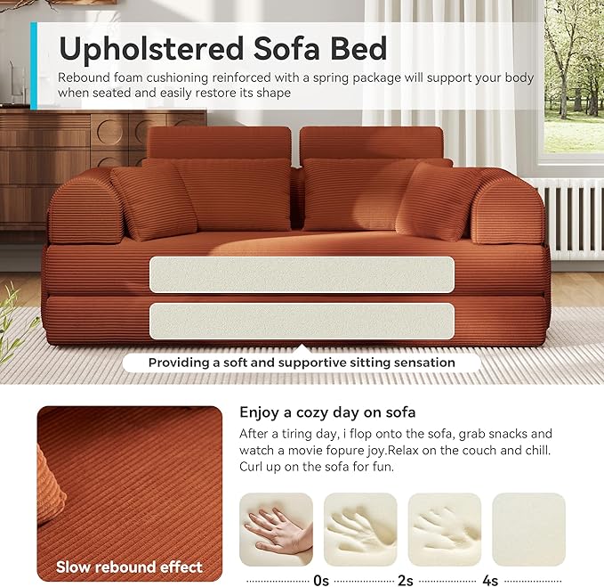 ZQRhome 79" 5-in-1 Convertible Sofa Bed, Modern Sleeper with Heavy Duty Frame, Plush Corduroy & 2 Pillows, No Assembly Couch for Entertainment & Lounge, Orange