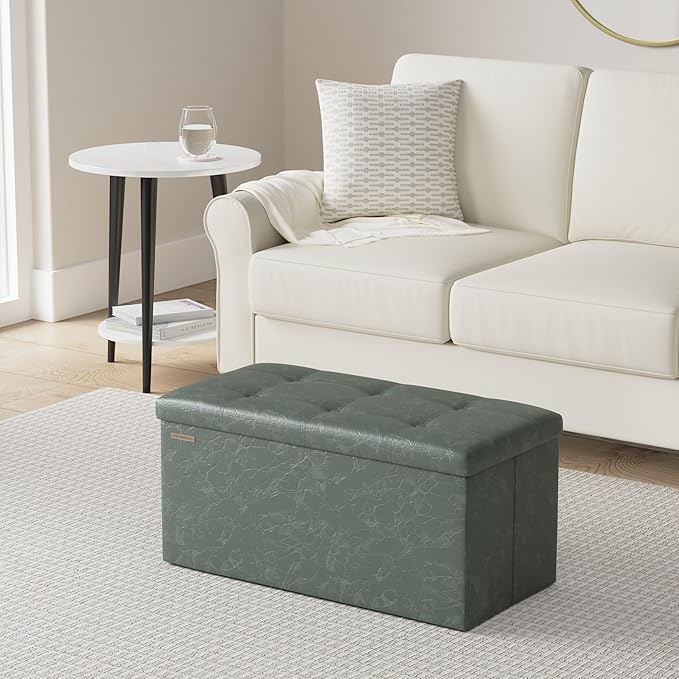 SONGMICS Mazie Collection - 30 Inches Folding Storage Ottoman Bench, Ottoman with Storage, Foot Rest Stool, Load 660 lb, for Living Room, Synthetic Leather, Forest Green ULSF040C01