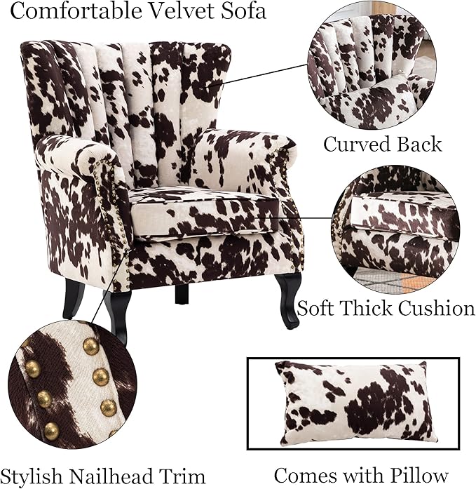 DM Furniture Cow Print Accent Chair Modern Velvet Armchair Tufted Wingback Club Chair Single Sofa Lounge Side Chair with Pillow for Living Room Bedroom, Cow