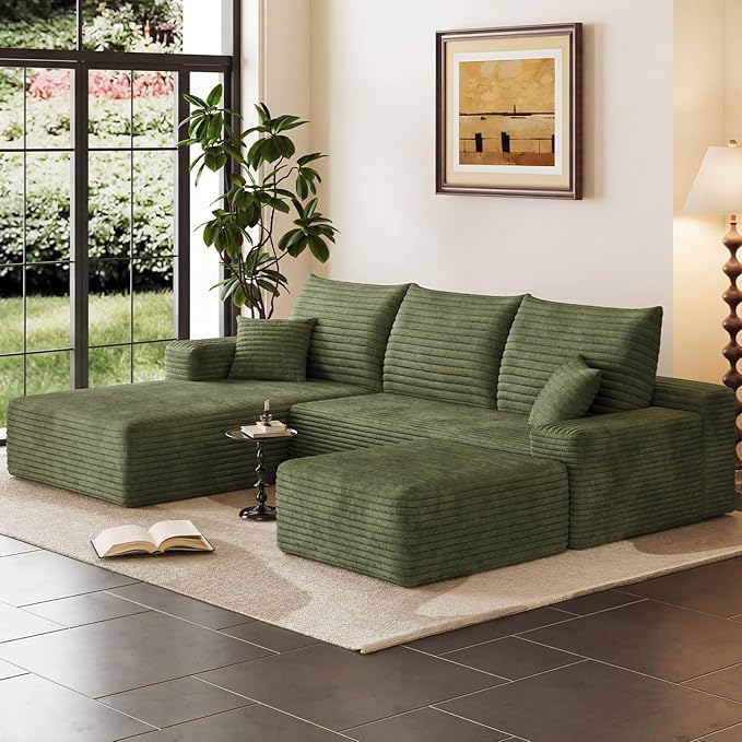 95" Cloud Sectional Couch with Ottoman,Modern U-Shaped Cloud Couch with Deep Seat,Comfy Corduroy 3-Seater Sofa,Memory Foam Sofa for Living Room,No Assembly (Green,Left-Facing Chaise)
