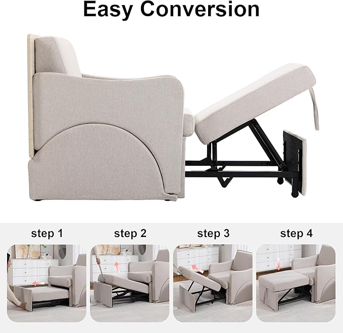 Reading Chair, Chaise Lounge Chair Indoor, 3 in 1 Multiple Convertible Pull Out Lounge Couch, Fabric Reading Chairs, Single Sleeper Sofa with Adjustable Backrest for Dorm, Bedroom, College, White