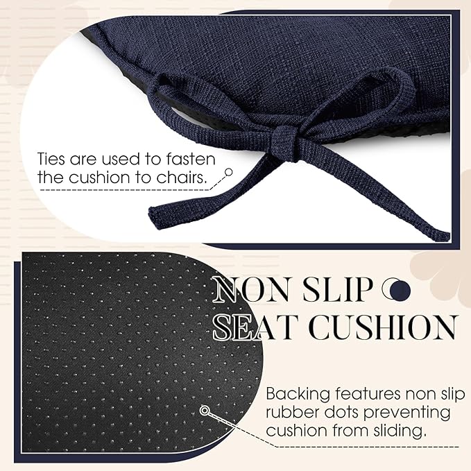 Basic Beyond Chair Cushions for Dining Chairs 4 Pack, Chair Cushion with Ties and Non Slip Backing, 15.5 x 15.5 inches Tufted Kitchen Chair Pads for Dining Chairs(Navy)