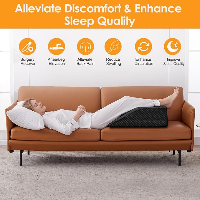 Ruqmuis Leg Elevation Pillow for After Surgery, 8inch Foam Leg Elevating Pillow for Swelling and Blood Circulation, Leg Wedge Pillow for Sleeping, Knee Pillow for Knee Hip Ankle Pain Relief, Black