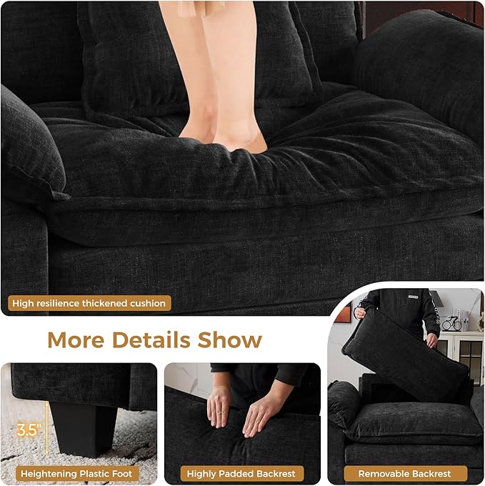 HUSFU Oversized Accent Chair, Chenille Cloud Sofa Chair with Deep Seat and Extra Wide Armrests, Comfy Reading Armchair for Living Room, Bedroom, Black, Set of 2