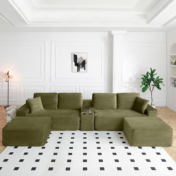 125” Oversized Modular Sectional Sofa, Deep Seat Corduroy Cloud Couch with Cup Holders, USB Ports & Storage Box, Sleeper Sofa Couch Boneless Couches for Living Room, No Assembly Required (Green)