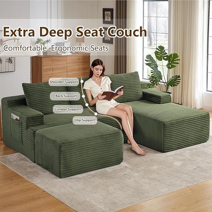 96" U-Shape Cloud Couch, Modern Modular Sectional L-Shape Sofa with Ottoman, Corduroy Upholstered Couches Deep Seat Sleeper Chaise Longue for Living Room, No Assembly Required(Green, Right Facing)