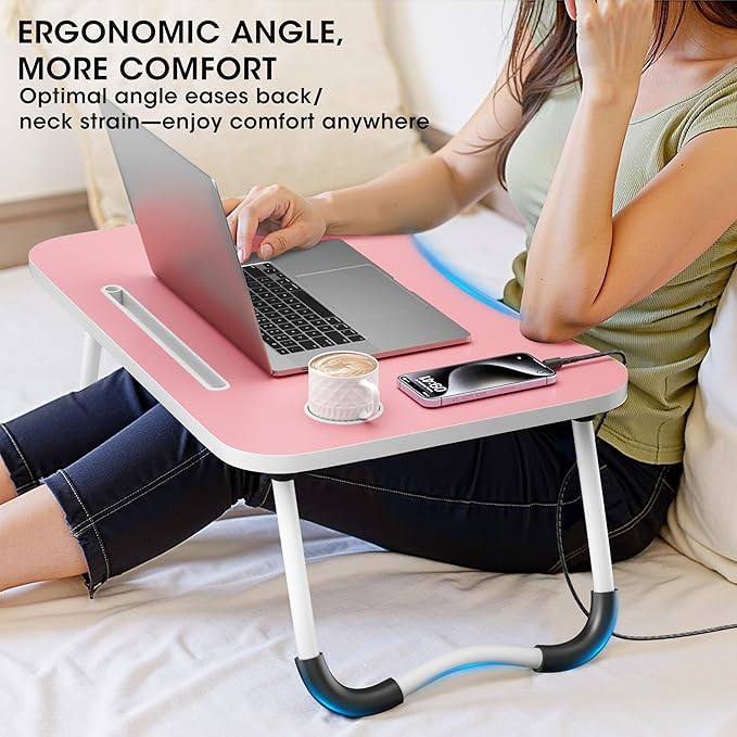 Folding Lap Desk, 23.6 Inch Wood Laptop Bed Desk with Cup Holder, Portable Bed Table for Working Writing Reading & Eating for Bed, Sofa, Couch, Floor - Pink